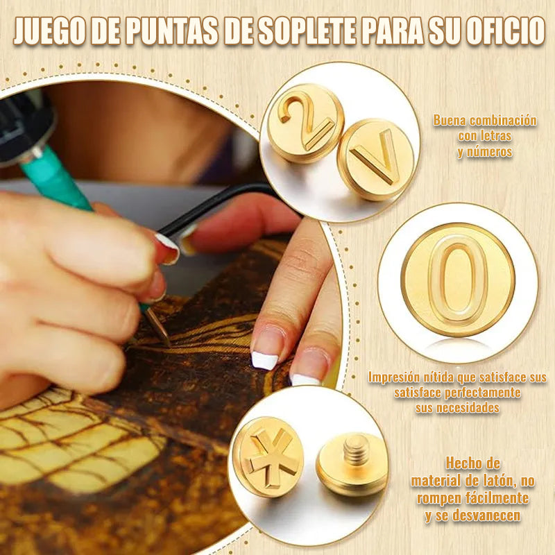 Molde de cobre de 26 letras + juego de quemadores de madera/cuero DIY